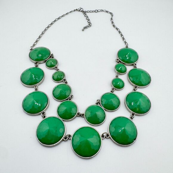 Bold Green Bubble Statement Necklace Silver Tone Faceted Resin Circles Modern - Picture 7 of 10